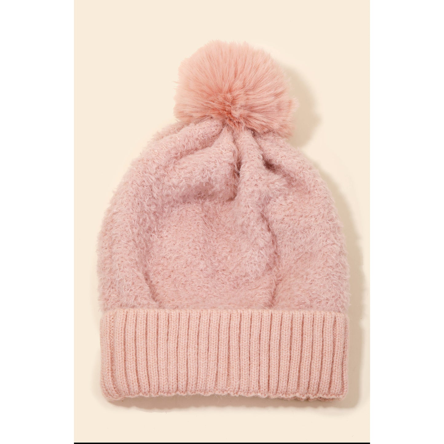 Faux Teddy Knit Pom Beanie - Pink