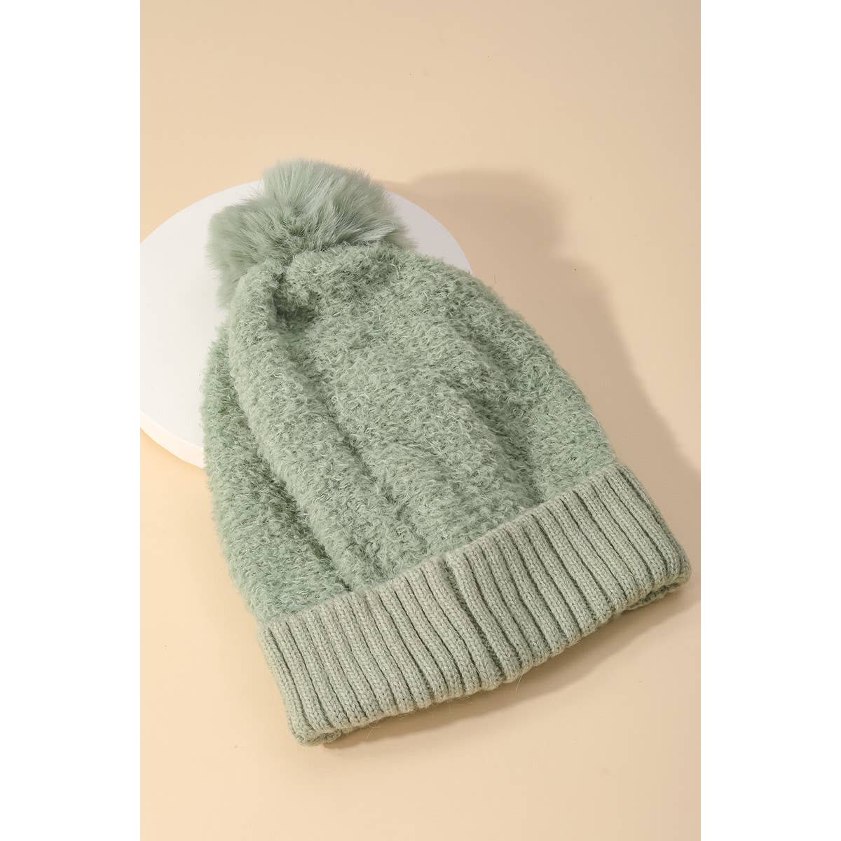 Faux Teddy Knit Pom Beanie - Green