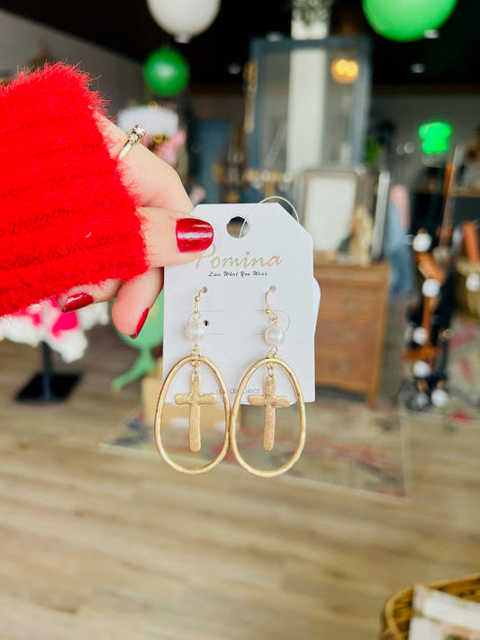 Gold Metal & Pearl Cross Earrings