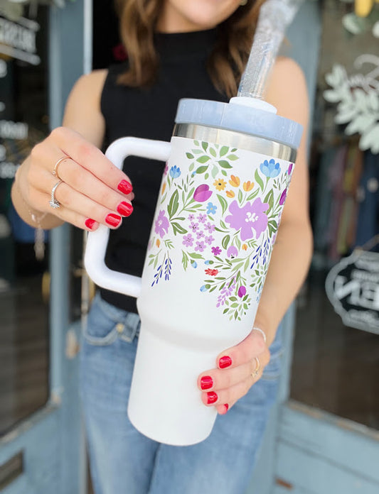 Floral | 40oz Stainless Steel Tumbler - White