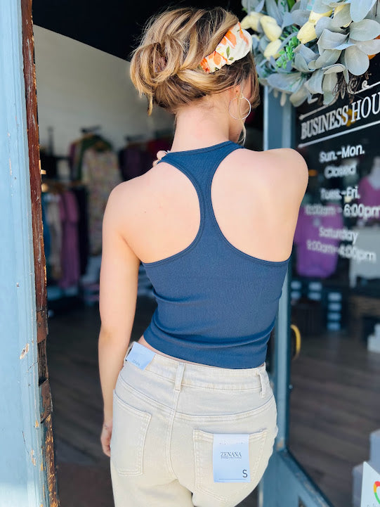 High Neck Racerback Tank - Gray Blue