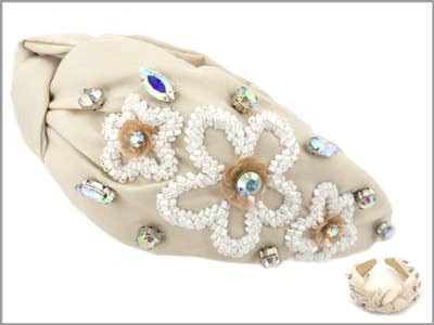 Neutral w White Color Seed Bead Flower and Crystal Headband