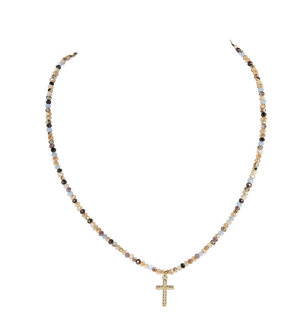 Glass Beads Gold Metal Cross Pendant Necklace, 3 Assorted