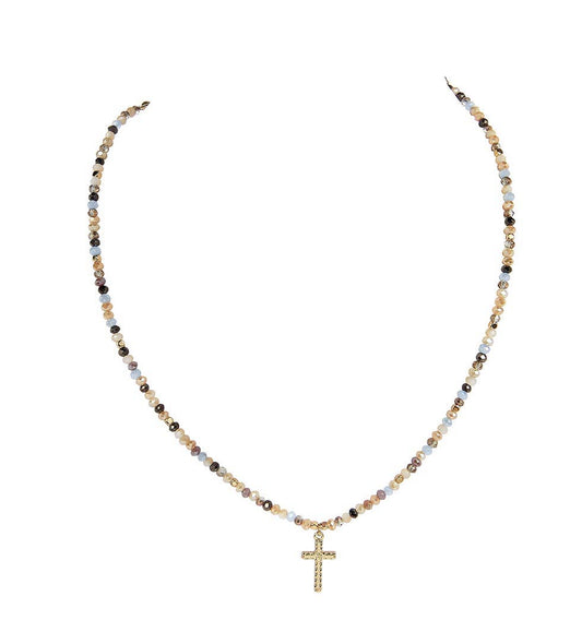 Glass Beads Gold Metal Cross Pendant Necklace, 3 Assorted