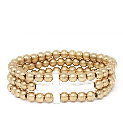 Gold Beaded with Silver Cross Stretch Bracelet Set